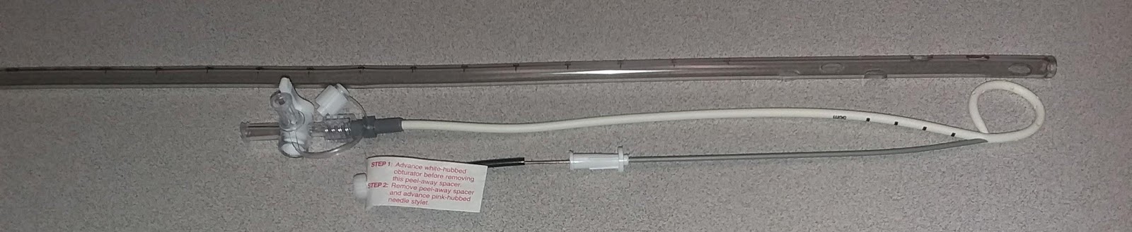 M4 Fig 6 Pneumothorax –A commercial pigtail catheter, compared to a 24Fr chest tube