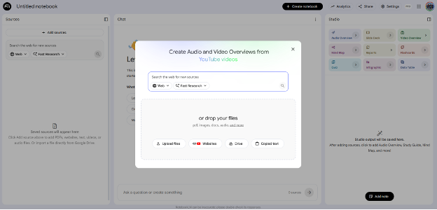 RAG2 NotebookLM interface displaying a dialog for adding sources from the web, files, Google Drive, websites, or pasted text to create AI-generated audio and video overviews.